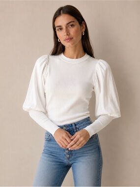 Veronica Beard Lyon Ribbed Puff Sleeve Knit Top White XS NWT